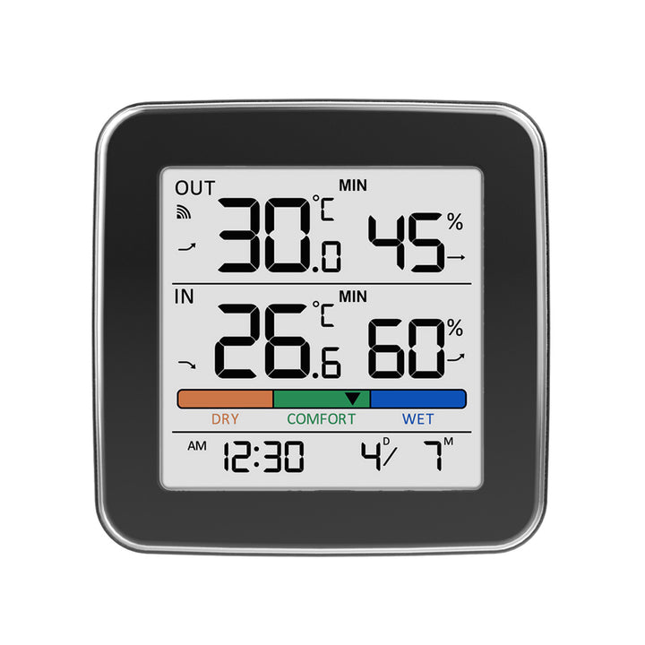 GreenBlue Funk-Wetterstation, Temperatur + Luftfeuchtigkeit IN/OUT, Uhr + Wecker + Datum, °C / °F, bis zu 60 m, schwarz, GB169 B