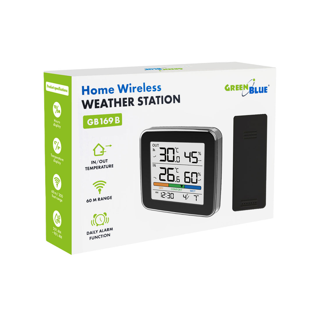 GreenBlue Funk-Wetterstation, Temperatur + Luftfeuchtigkeit IN/OUT, Uhr + Wecker + Datum, °C / °F, bis zu 60 m, schwarz, GB169 B
