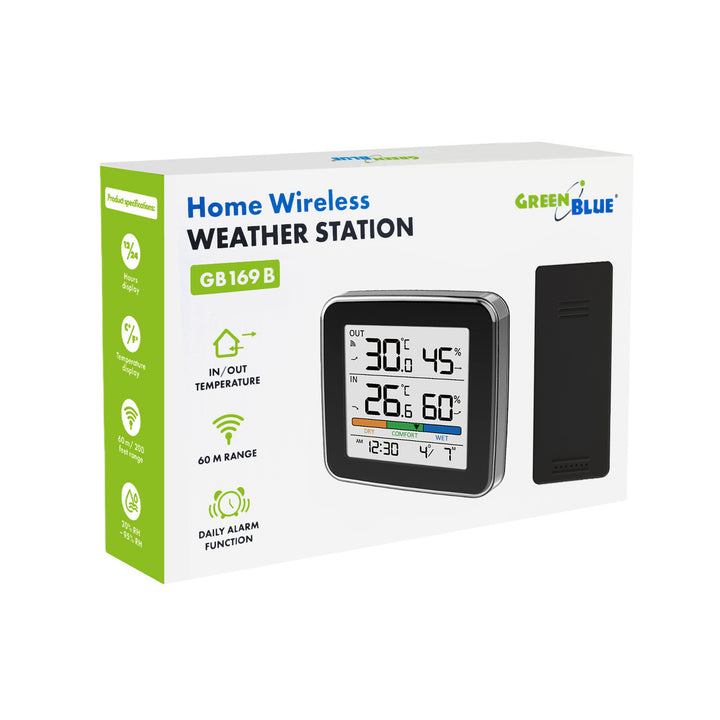 GreenBlue Funk-Wetterstation, Temperatur + Luftfeuchtigkeit IN/OUT, Uhr + Wecker + Datum, °C / °F, bis zu 60 m, schwarz, GB169 B
