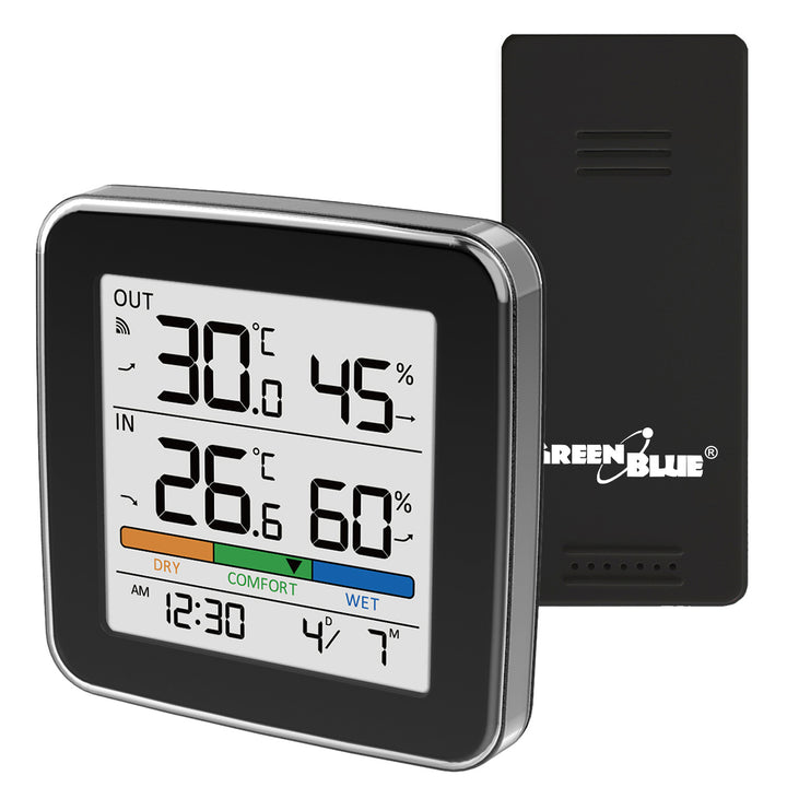 GreenBlue Funk-Wetterstation, Temperatur + Luftfeuchtigkeit IN/OUT, Uhr + Wecker + Datum, °C / °F, bis zu 60 m, schwarz, GB169 B