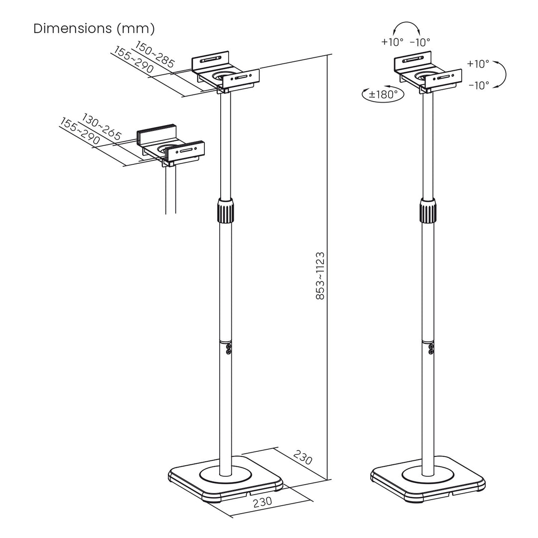 Set mit Maclean-Standfüßen für Lautsprecher, universell einsetzbar, vertikale und horizontale Verstellung +10° bis -10°, max. 5 kg, MC-916