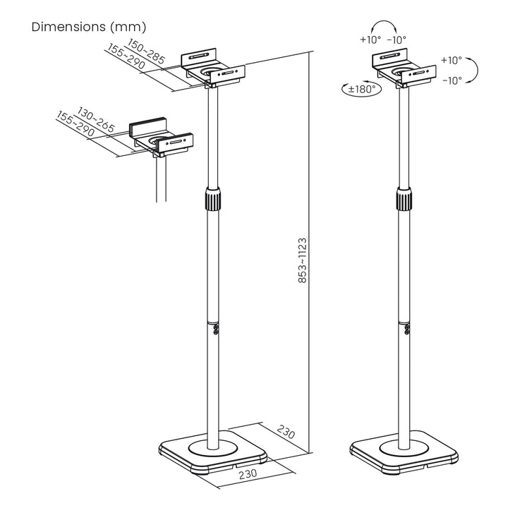 Set mit Maclean-Standfüßen für Lautsprecher, universell einsetzbar, vertikale und horizontale Verstellung +10° bis -10°, max. 5 kg, MC-916