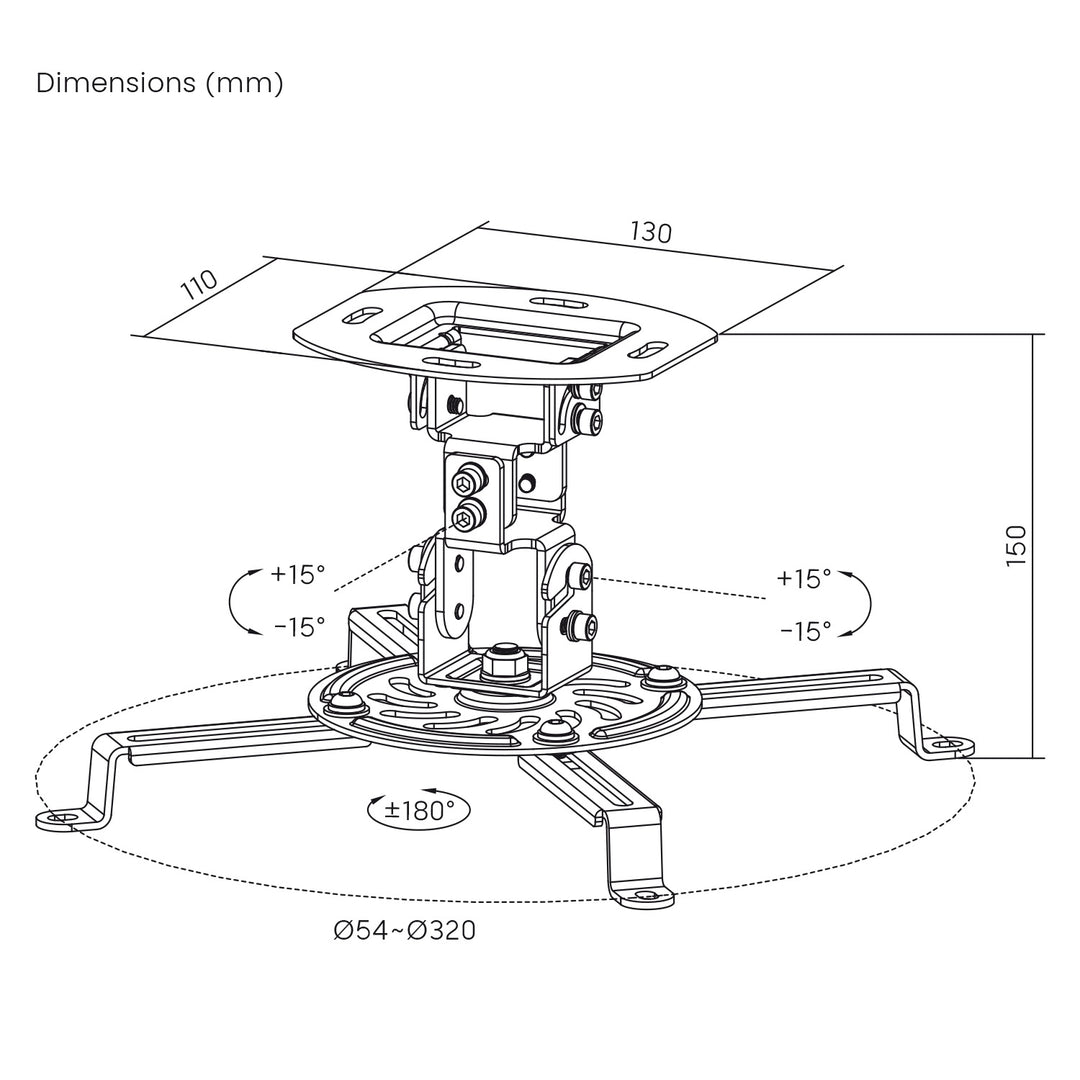 Deckenhalterung für Maclean-Projektoren, 54–320 mm, bis zu 13,5 kg, um 360 Grad drehbar, MC-200 W