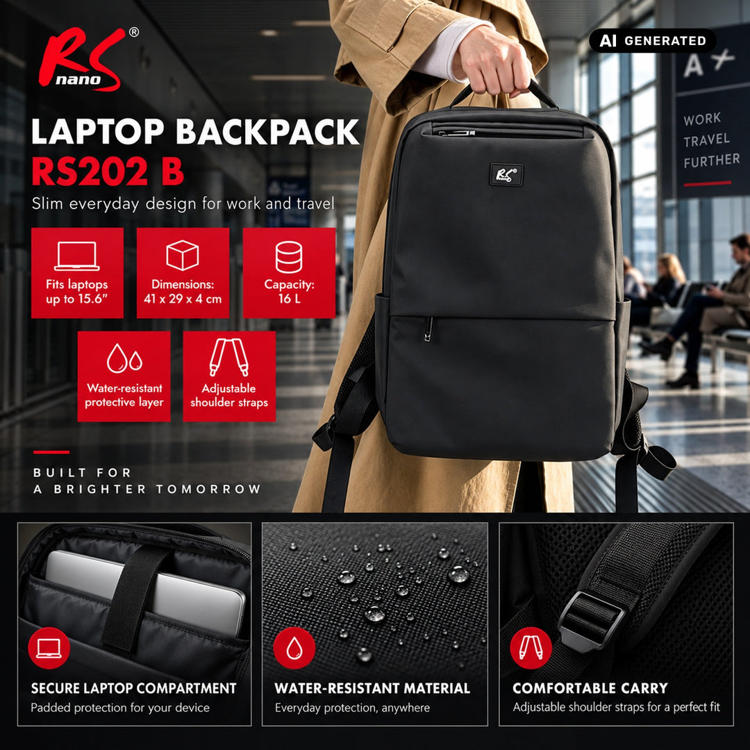 NanoRS Laptop-Rucksack, 15,6", schwarz, 41 x 29 x 4, wasserabweisend RS202 B