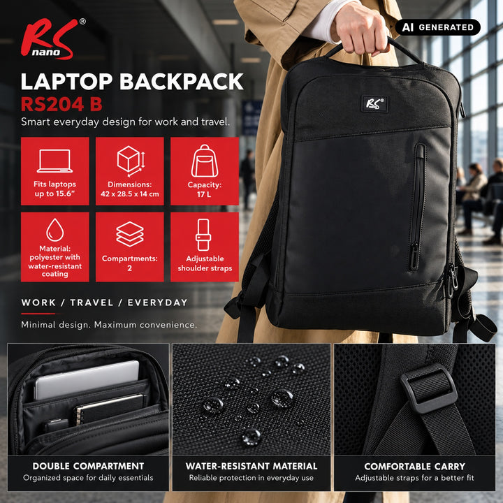 NanoRS Laptop-Rucksack, 15,6", schwarz, 42 x 28,5 x 14, wasserabweisend RS204 B