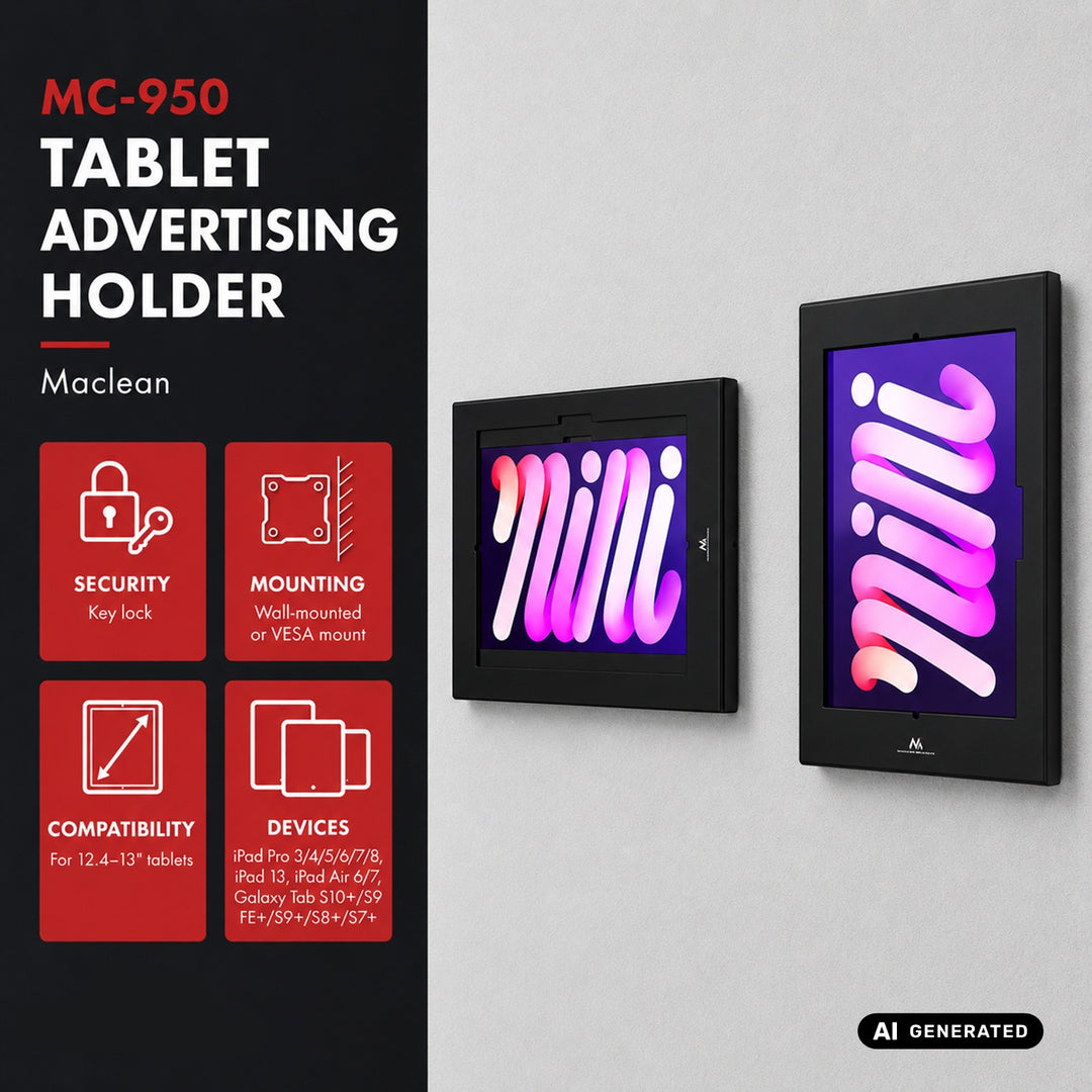 Maclean-Werbehalterung für Tablets, mit Verriegelung, 12,4"–13", iPad Air/Pro, Samsung Tab S10+/S9+/S8+/S7+, 257 × 350 × 22 mm, MC-950 B