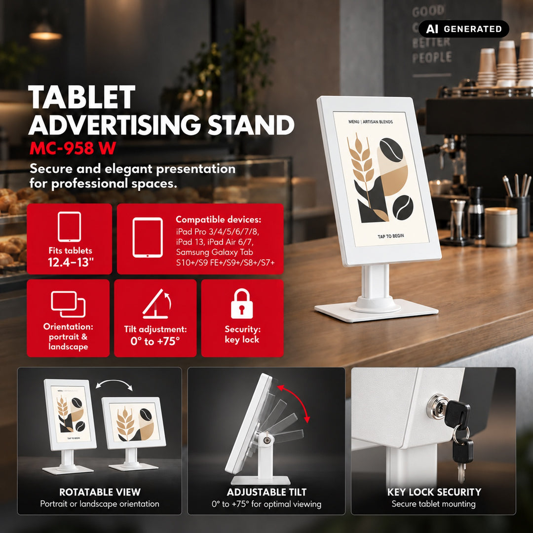 Maclean-Werbehalterung für Tablets, mit Verriegelung, 12,4"–13", iPad Air/Pro, Samsung Tab S10+/S9+/S8+/S7+, 257 × 350 × 22 mm, MC-958 W
