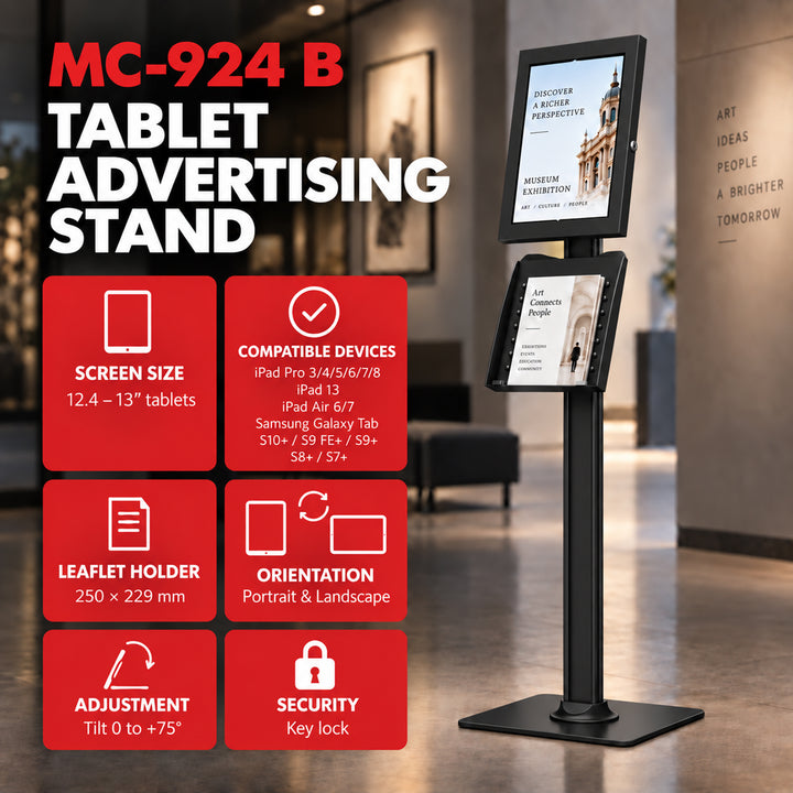 Maclean-Tablet-Halterung mit Verriegelung. 12,4"–13", iPad Air/Pro, Samsung Tab S10+/S9+/S8+/S7+, 257 × 350 × 22 mm, MC-924 B