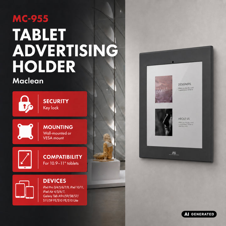 Maclean-Werbehalterung für Tablets, mit Verriegelung, 10,9"–11", iPad Air/Pro, Samsung Tab A- und S-Serie, 220 × 323 × 22 mm, MC-955 B