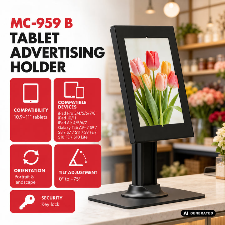 Maclean-Werbehalterung für Tablets, mit Verriegelung, 10,9"–11", iPad Air/Pro, Samsung Tab A- und S-Serie, 220 × 323 × 22 mm, MC-959 B