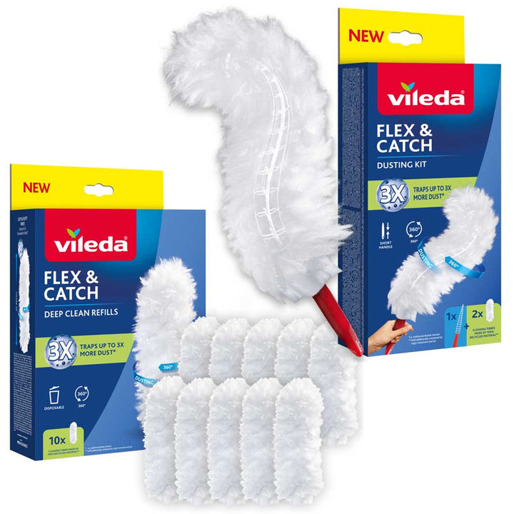 Staubwedel Vileda Flex&Catch, mit kurzem Stiel, Rutschschutz, flexibler Kopf + 10 Ersatzköpfe