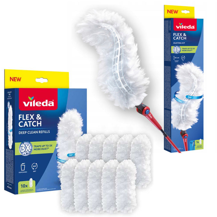 Vileda Flex&Catch Staubwedel, mit langem Stiel, Rutschschutz, flexibler Kopf + 10 Staubwedel-Einsätze