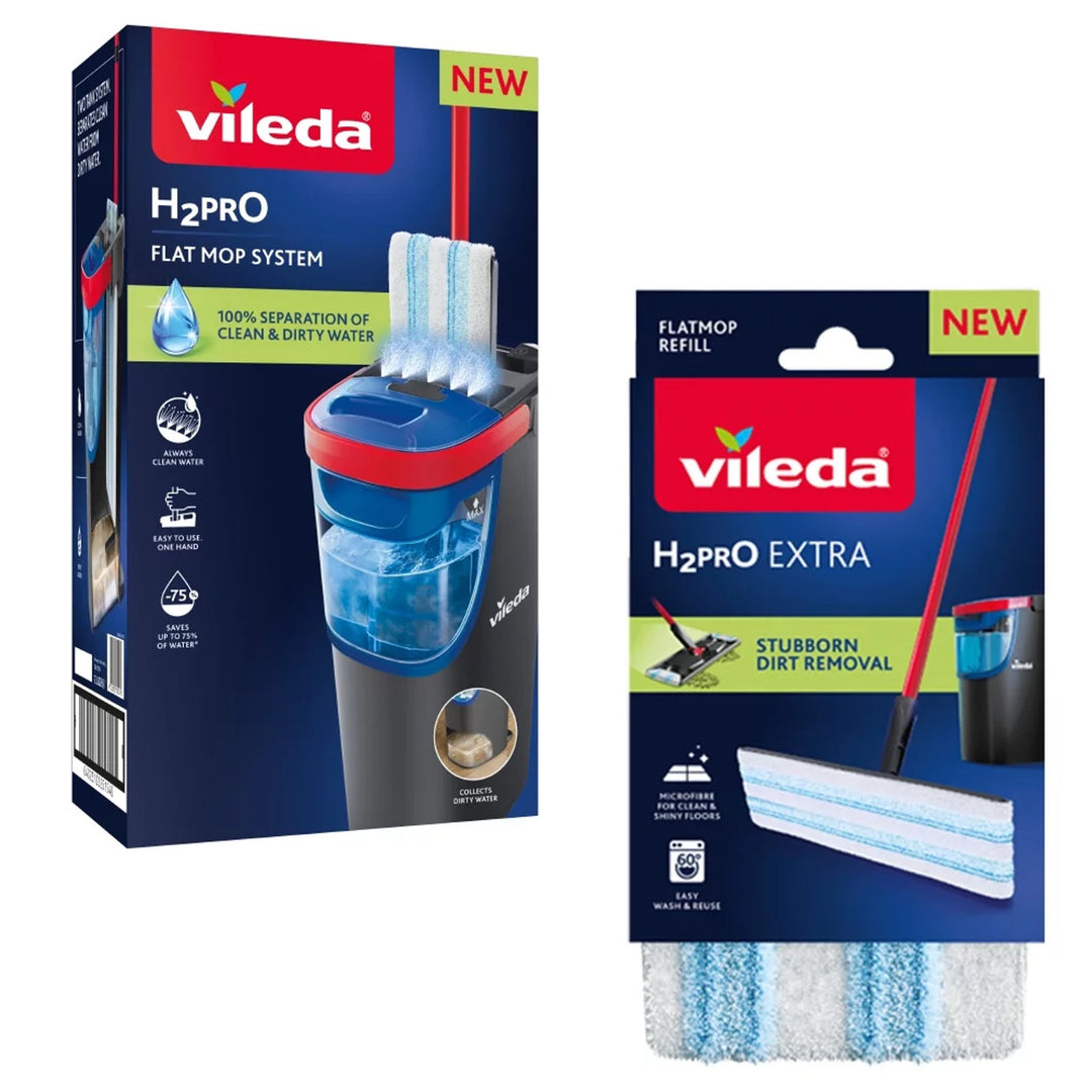 Vileda H2prO Flachmopp, 100 % Trennung von sauberem und schmutzigem Wasser, zwei Behälter, 2 Mikrofaser-Aufsätze, 360°-Drehkopf, 175774
