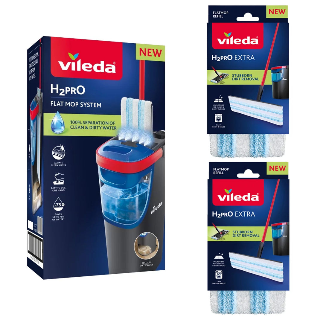 Vileda H2prO Flachmopp, 100 % Trennung von sauberem und schmutzigem Wasser, zwei Behälter, 3 Mikrofaser-Aufsätze, 360°-Drehkopf, 175774