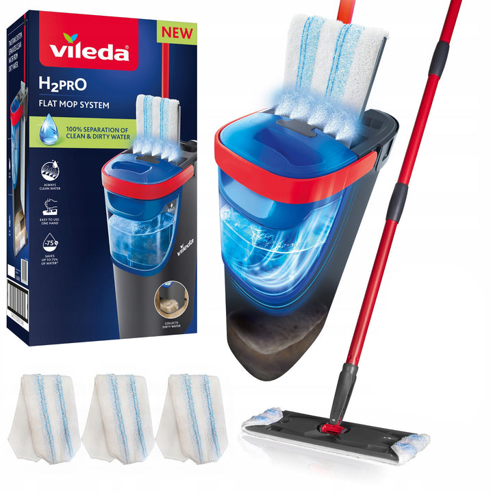 Vileda H2prO Flachmopp, 100 % Trennung von sauberem und schmutzigem Wasser, zwei Behälter, 3 Mikrofaser-Aufsätze, 360°-Drehkopf, 175774