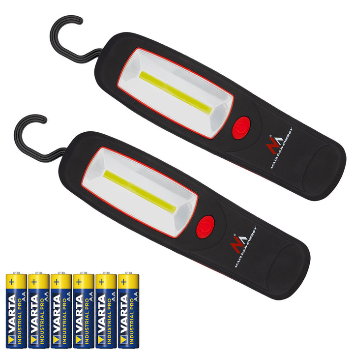 Maclean COB-LED-Werkstattlampe, Magnet, Haken, MCE03, 2 Stück + 6x Varta Industrial LR6/AA R-06-Batterien