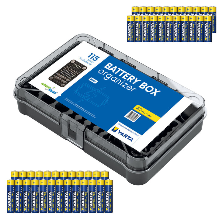 Batterie-Organizer GreenBlue Varta Box GB189 + 22x AA-Batterien Varta Industrial + 25x AAA-Batterien Varta Industrial