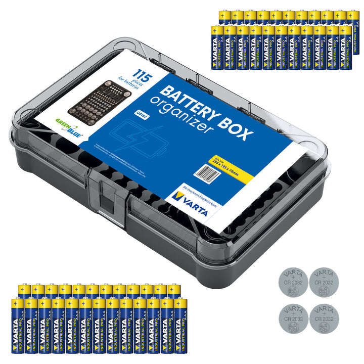 Batterie-Organizer GreenBlue Varta Box GB189 + 22x AA-Batterie Varta Industrial + 25x AAA-Batterie Varta Industrial + 4x CR2032-Lithium-Batterie Varta