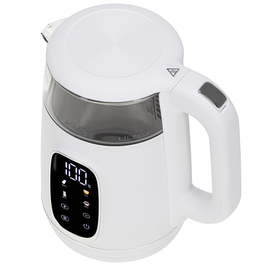 Elektrischer Wasserkocher aus Glas mit Temperaturregelung 1,7 l, LED, 40–100 °C, Adler AD 1305 WS weiß