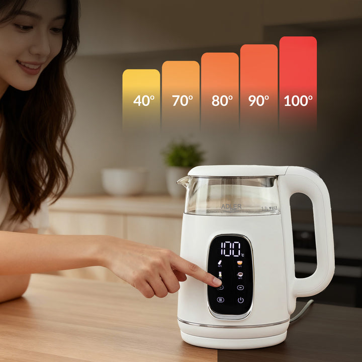 Elektrischer Wasserkocher aus Glas mit Temperaturregelung 1,7 l, LED, 40–100 °C, Adler AD 1305 WS weiß