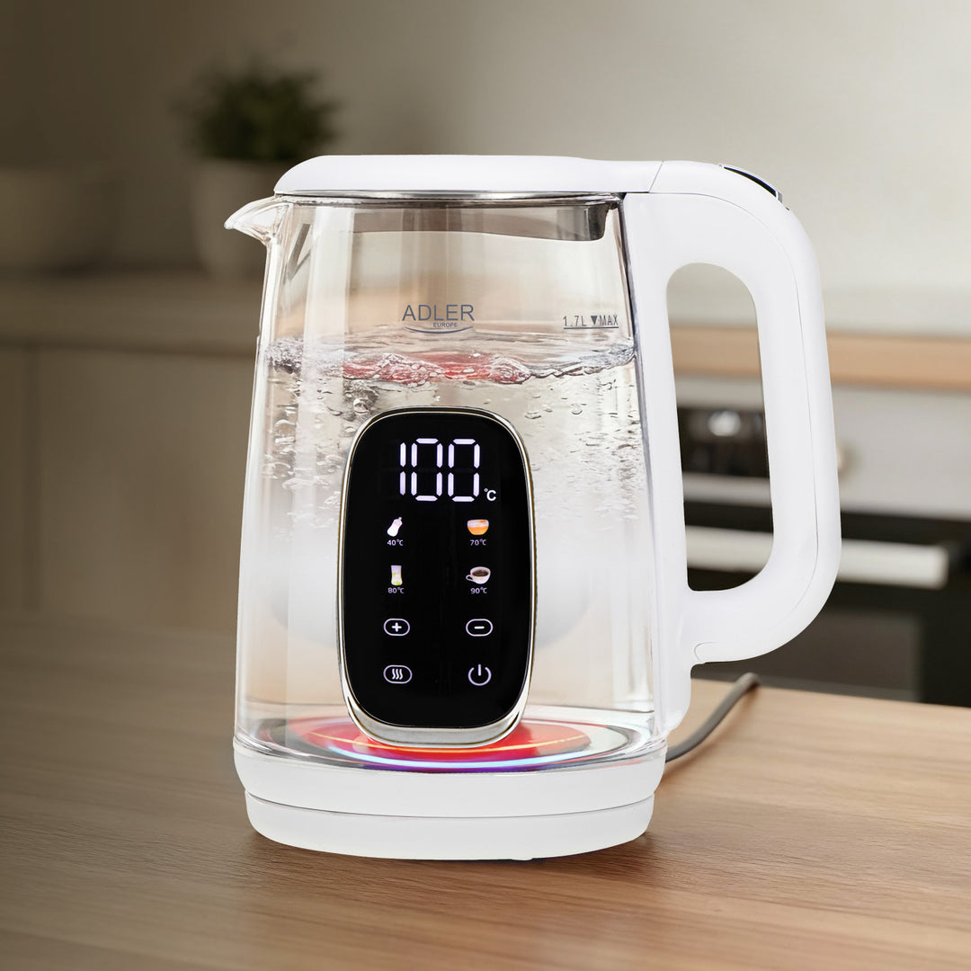 Elektrischer Wasserkocher aus Glas mit Temperaturregelung 1,7 l, LED, 40–100 °C, Adler AD 1305 WS weiß