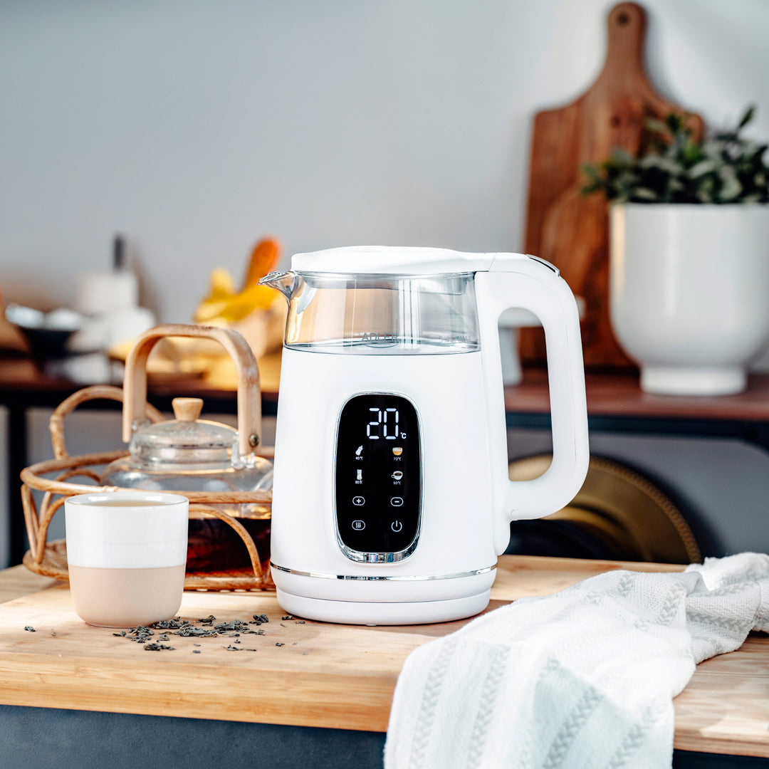 Elektrischer Wasserkocher aus Glas mit Temperaturregelung 1,7 l, LED, 40–100 °C, Adler AD 1305 WS weiß
