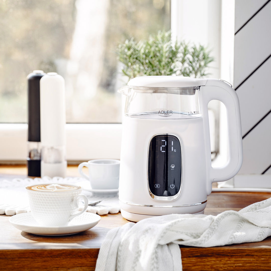 Elektrischer Wasserkocher aus Glas mit Temperaturregelung 1,7 l, LED, 40–100 °C, Adler AD 1305 WS weiß