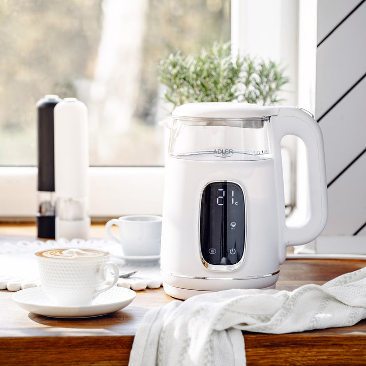 Elektrischer Wasserkocher aus Glas mit Temperaturregelung 1,7 l, LED, 40–100 °C, Adler AD 1305 WS weiß