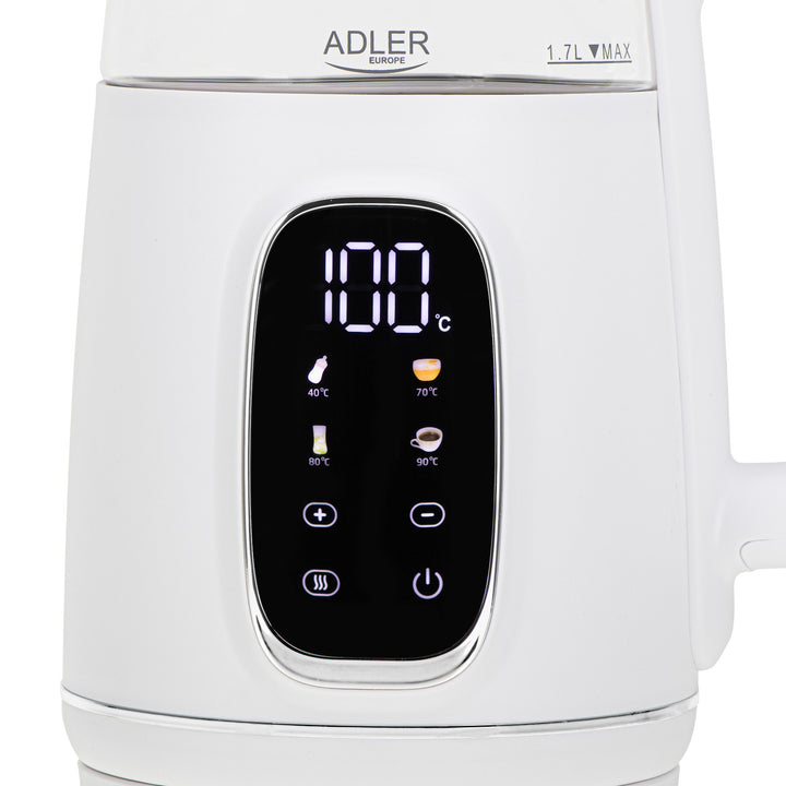 Elektrischer Wasserkocher aus Glas mit Temperaturregelung 1,7 l, LED, 40–100 °C, Adler AD 1305 WS weiß