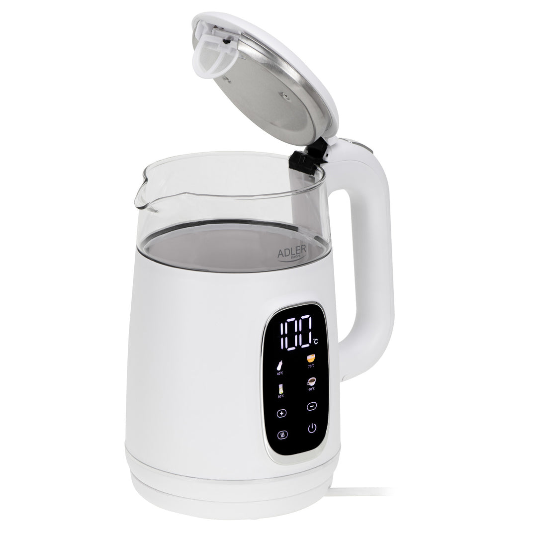 Elektrischer Wasserkocher aus Glas mit Temperaturregelung 1,7 l, LED, 40–100 °C, Adler AD 1305 WS weiß