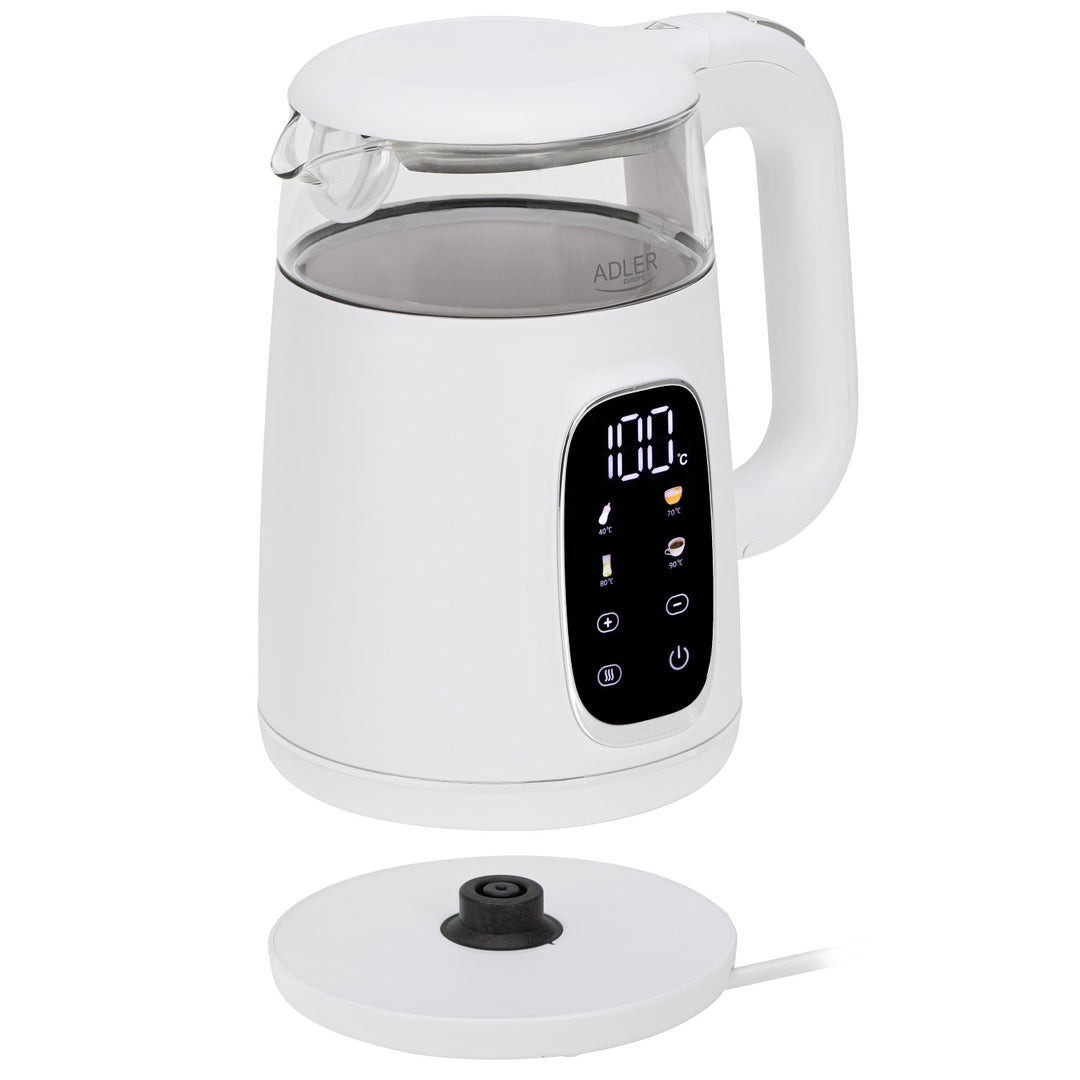 Elektrischer Wasserkocher aus Glas mit Temperaturregelung 1,7 l, LED, 40–100 °C, Adler AD 1305 WS weiß
