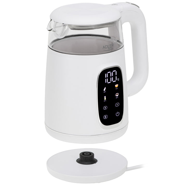 Elektrischer Wasserkocher aus Glas mit Temperaturregelung 1,7 l, LED, 40–100 °C, Adler AD 1305 WS weiß