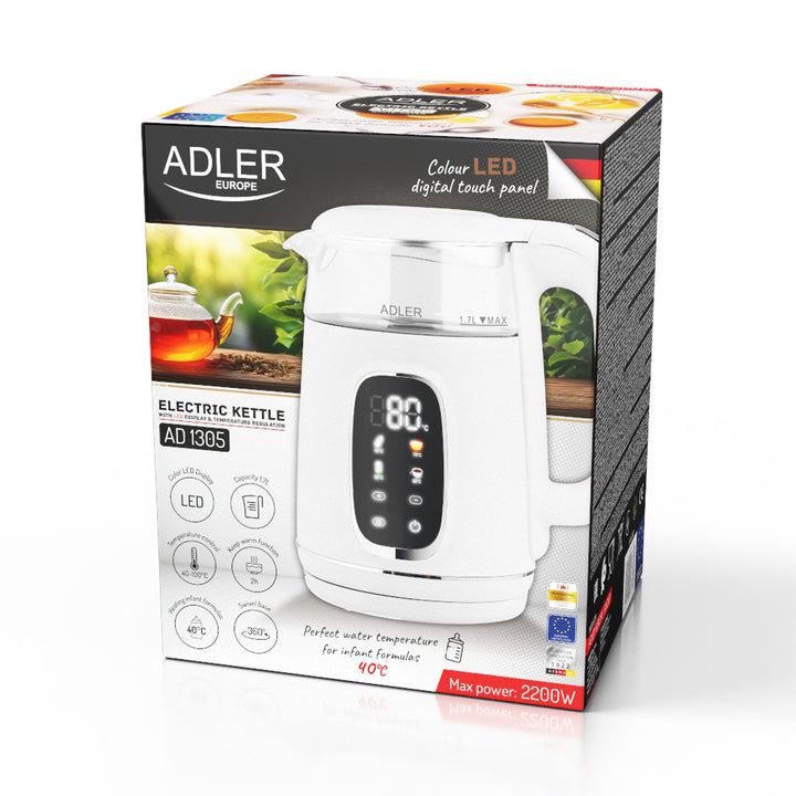 Elektrischer Wasserkocher aus Glas mit Temperaturregelung 1,7 l, LED, 40–100 °C, Adler AD 1305 WS weiß