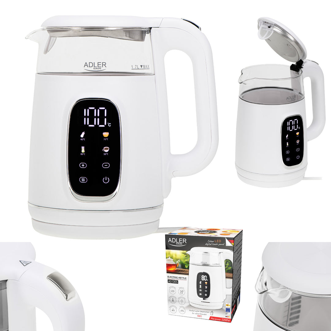 Elektrischer Wasserkocher aus Glas mit Temperaturregelung 1,7 l, LED, 40–100 °C, Adler AD 1305 WS weiß