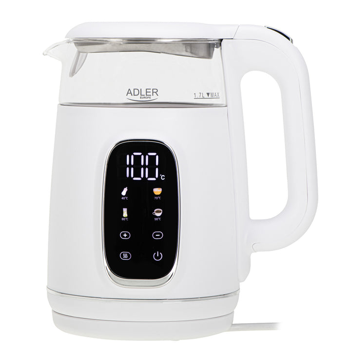 Elektrischer Wasserkocher aus Glas mit Temperaturregelung 1,7 l, LED, 40–100 °C, Adler AD 1305 WS weiß