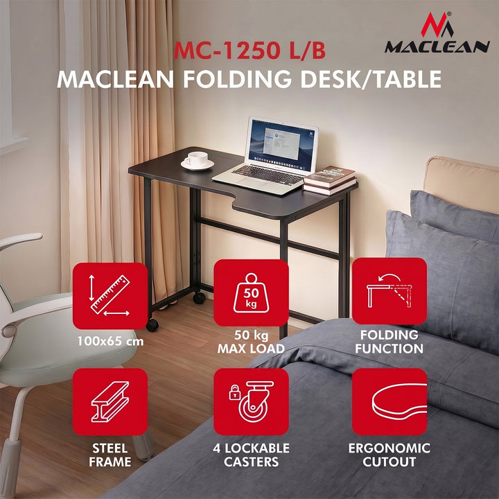 Klappbarer Schreibtisch „Maclean“, schwarz, fahrbar, 100 x 65 cm, max. 50 kg, eckig, L-Form, MC-1250 L/B