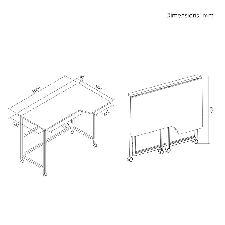 Klappbarer Schreibtisch „Maclean“, weiß, mobil, 100 x 65 cm, max. 50 kg, eckig, L-Form, MC-1250 L/W