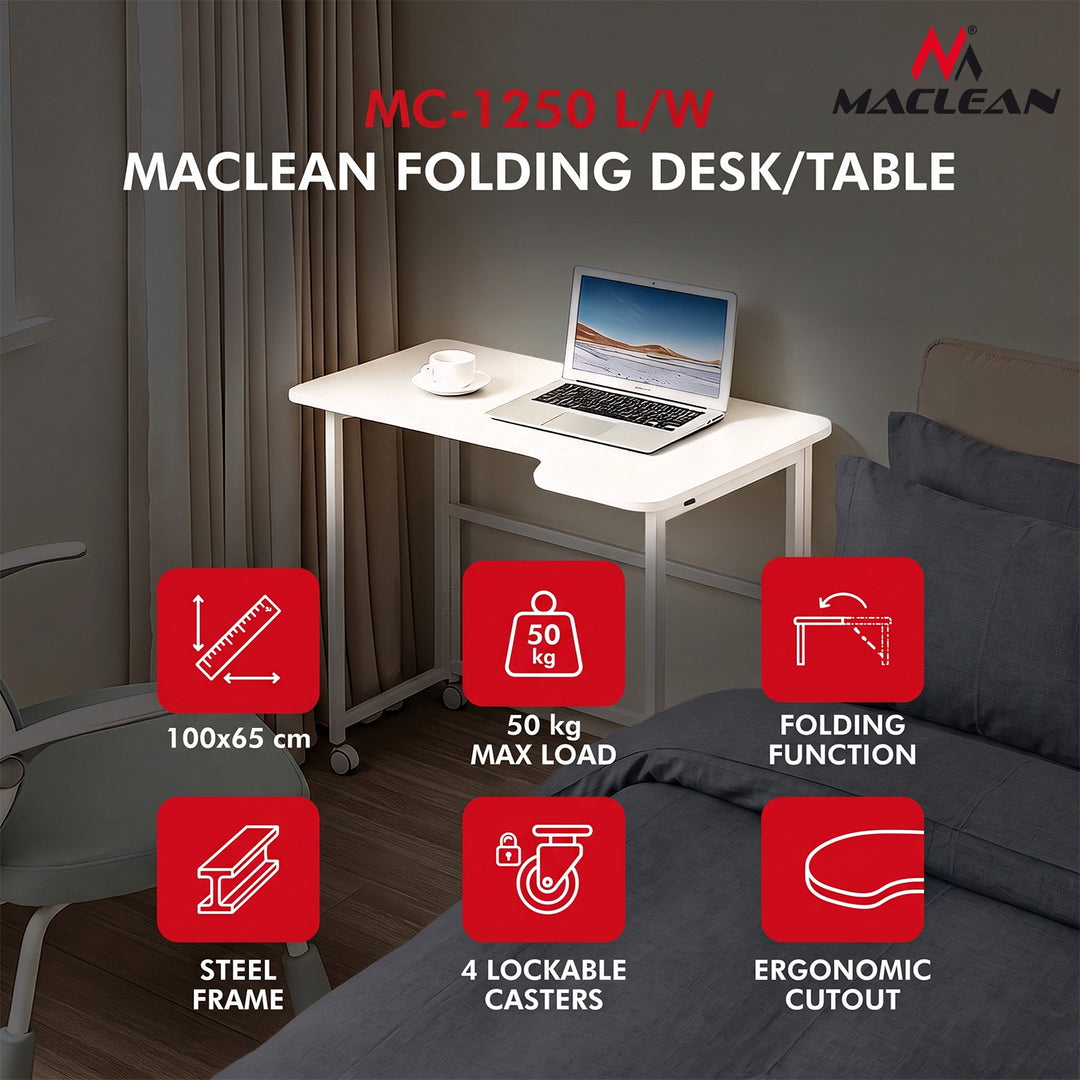 Klappbarer Schreibtisch „Maclean“, weiß, mobil, 100 x 65 cm, max. 50 kg, eckig, L-Form, MC-1250 L/W
