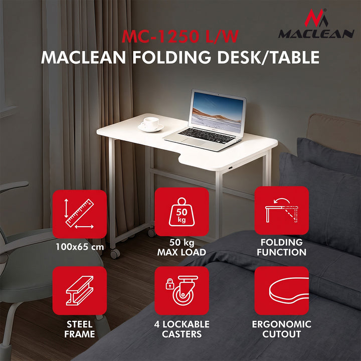Klappbarer Schreibtisch „Maclean“, weiß, mobil, 100 x 65 cm, max. 50 kg, eckig, L-Form, MC-1250 L/W