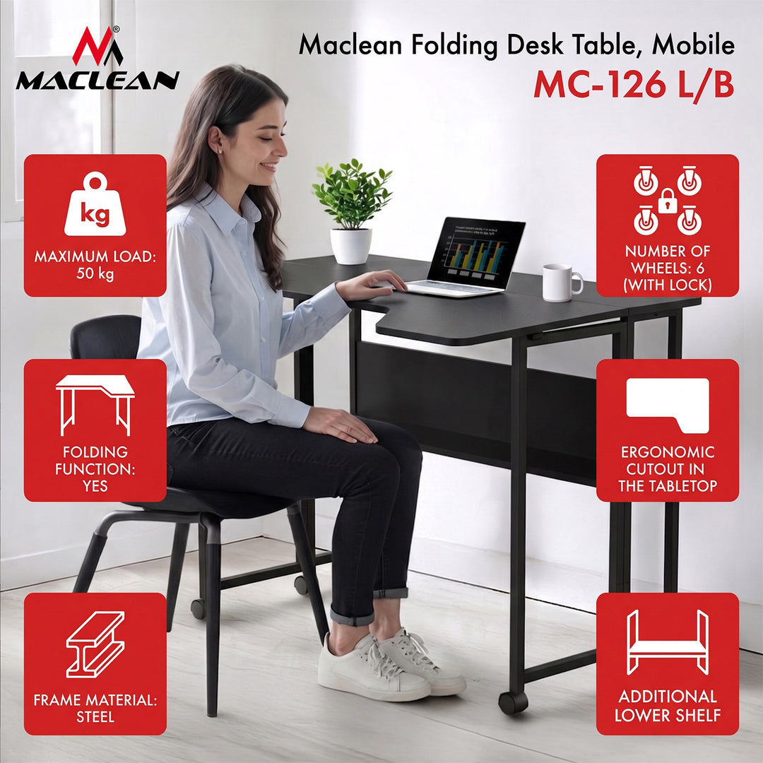 Klappschreibtisch / Beistelltisch Maclean, schwarz, fahrbar, 100 x 73 cm, max. 50 kg, eckig, L-Form, MC-126 L/B