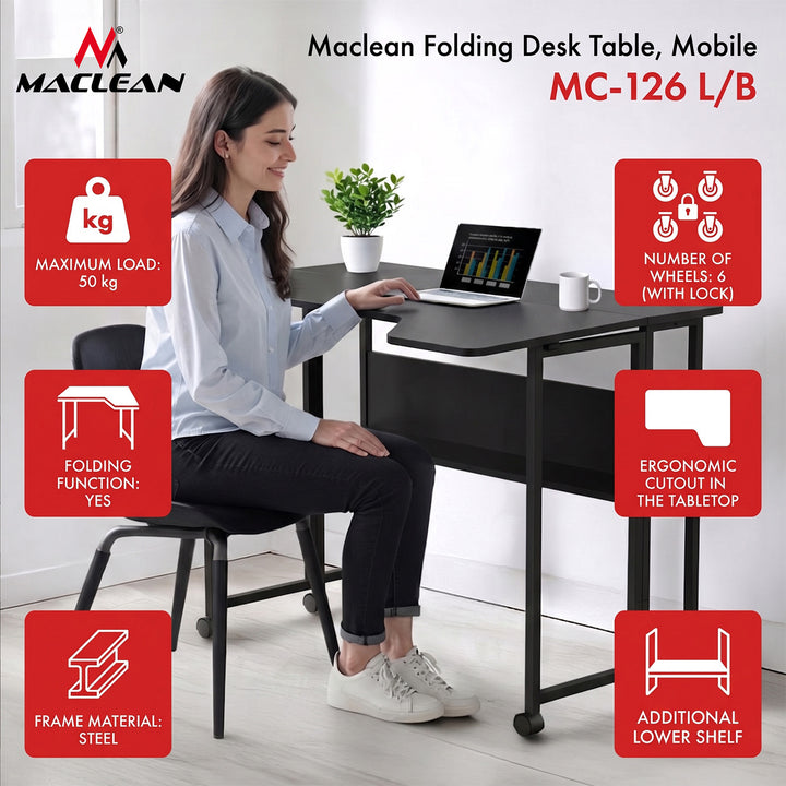 Klappschreibtisch / Beistelltisch Maclean, schwarz, fahrbar, 100 x 73 cm, max. 50 kg, eckig, L-Form, MC-126 L/B