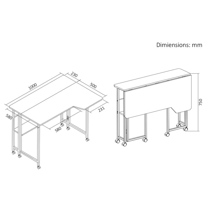 Klappschreibtisch / Beistelltisch Maclean, weiß, mobil, 100 x 73 cm, max. 50 kg, eckig, L-Form, MC-126 L/W