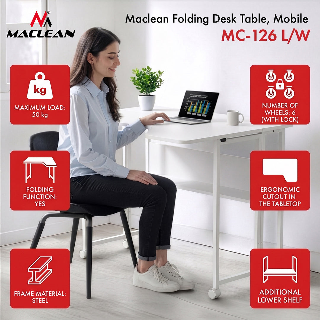 Klappschreibtisch / Beistelltisch Maclean, weiß, mobil, 100 x 73 cm, max. 50 kg, eckig, L-Form, MC-126 L/W