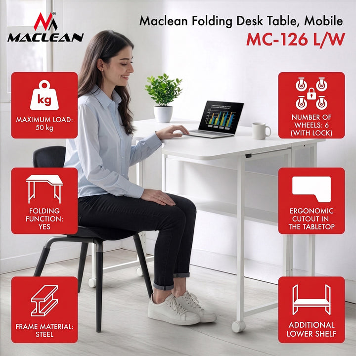 Klappschreibtisch / Beistelltisch Maclean, weiß, mobil, 100 x 73 cm, max. 50 kg, eckig, L-Form, MC-126 L/W