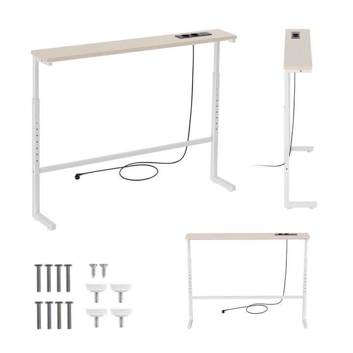 Maclean-Konsole/Beistelltisch mit Ladeleiste, weiß mit heller Tischplatte, höhenverstellbar von 62 bis 83 cm, max. 25 kg, Kabel 2,5 m, MC-140 W