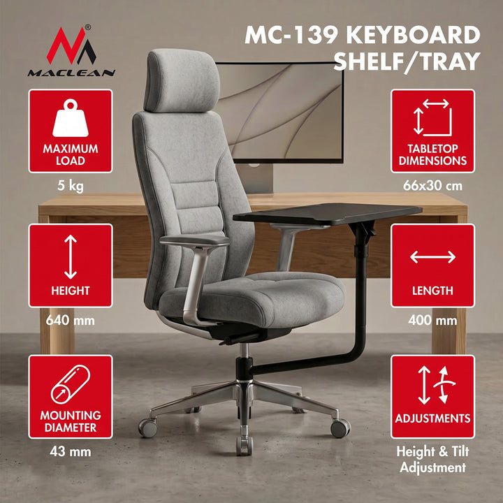 Maclean-Ablage/Tablett für Tastatur, schwarz, Abmessungen des Tabletts 66 x 30 cm, zur Befestigung an einem Bürostuhl, max. 5 kg, MC-139