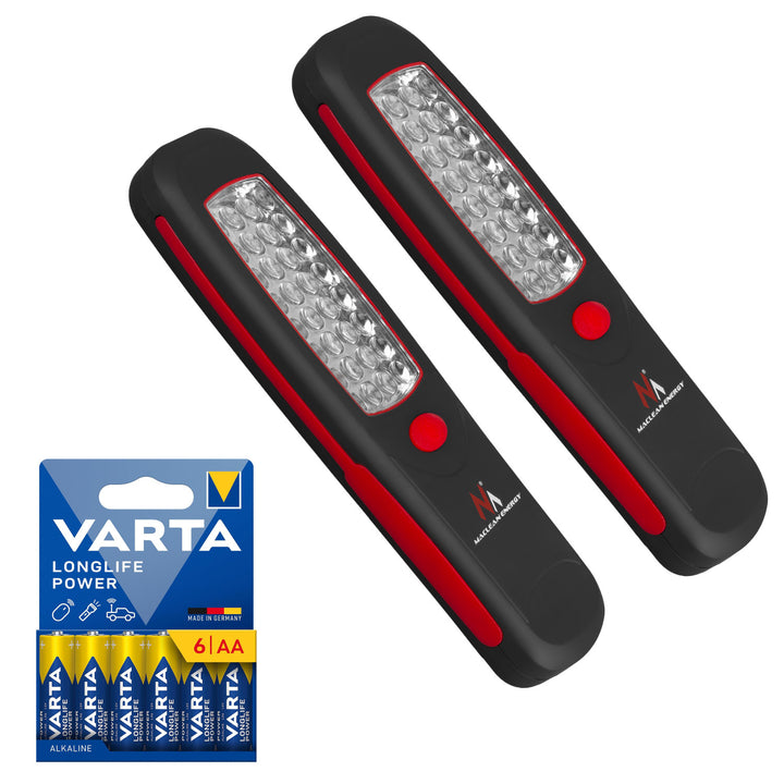 2x Maclean-Werkstattlampe mit 24 LEDs, Magnet, Haken, MCE03 + 6x Batterie R-06 R06 AA LR06 1,5 V VARTA Longlife Power