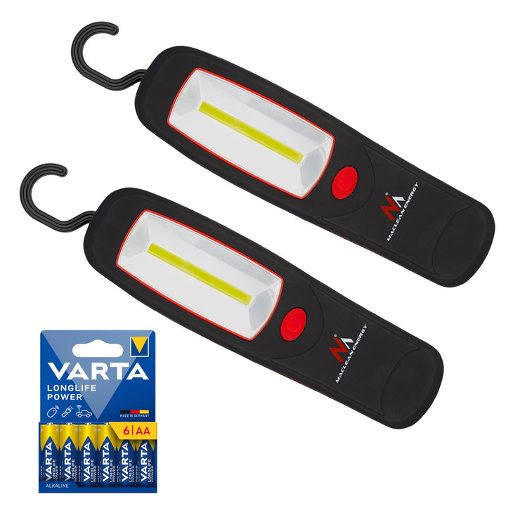 2x Maclean COB-LED-Werkstattlampe, Magnet, Haken, MCE03 + 6x Batterie R-06 R06 AA LR06 1,5 V VARTA Longlife Power