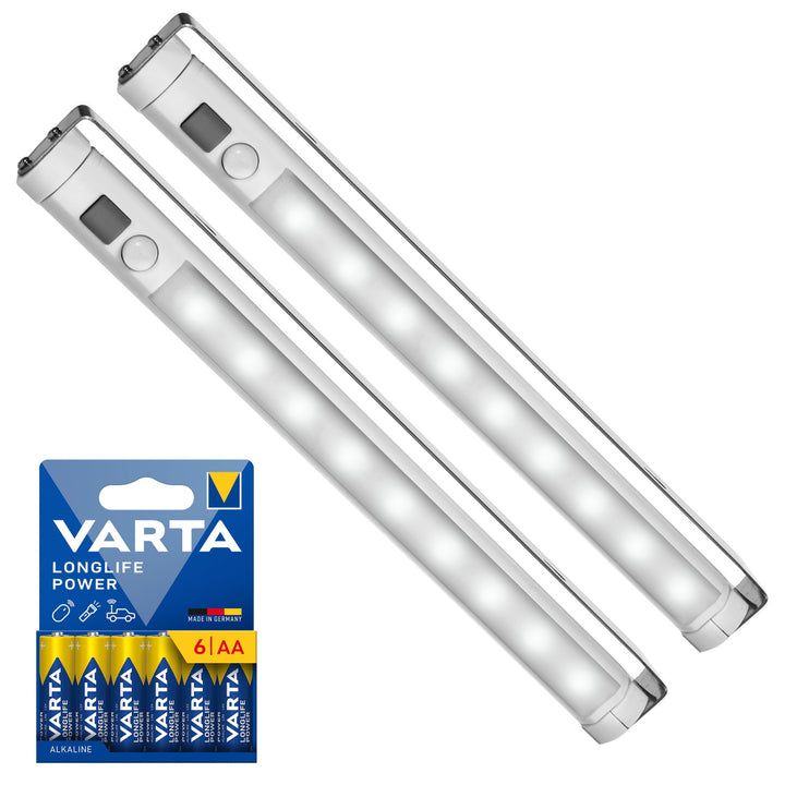 2x Maclean LED-Küchenleuchte, Unterbauleuchte mit 9 SMD-LEDs, batteriebetrieben, PIR-Sensor (Ein/Aus), MCE166 + 6x Batterie R-06 R06 AA LR06 1,5 V VARTA Longlife Power