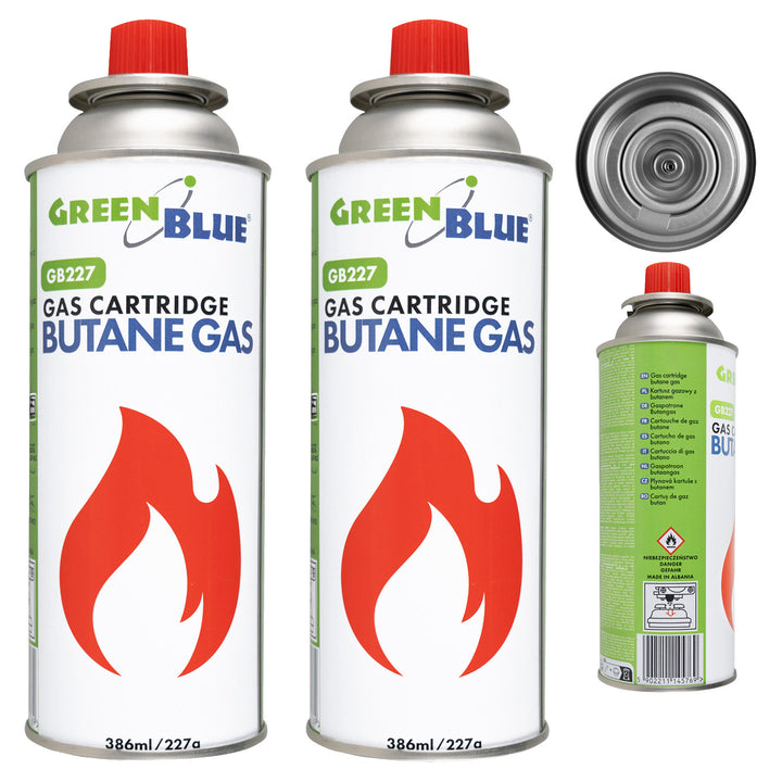 2x GreenBlue-Gaskartusche à 227 g. Zertifikat: Pi 0875, entspricht der Norm EN 417, Butan, Einsatzbereich -10 °C bis +40 °C, GB227